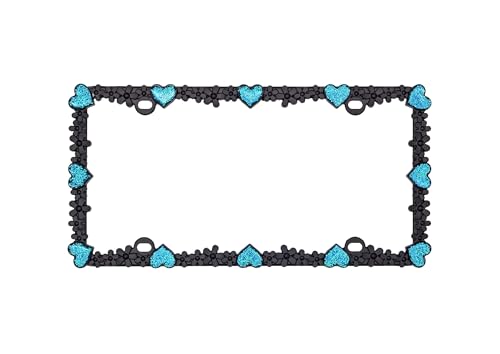 3D Shining Daisy Heart License Plate Frame from Pure Zinc Alloy Metal Perfect Plate Holder (Matt Black with Blue Glitter, Luminously Heart)