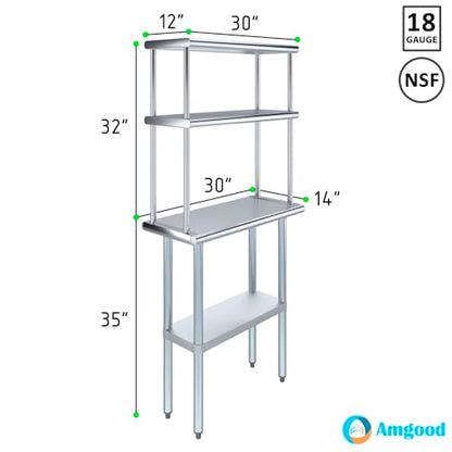 Stainless Steel Work Table Double Tier Overshelf (14" x 30" Work Table + 12" Overshelf)
