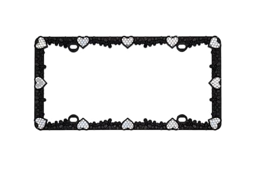 3D Daisy Heart License Plate Frame from Pure Zinc Alloy Metal Perfect Plate Holder (Matt Black with Silver Reflective Heart)