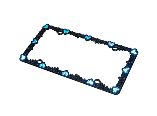 3D Daisy Heart License Plate Frame from Pure Zinc Alloy Metal Perfect Plate Holder (Matt Black with Blue Reflective Heart)