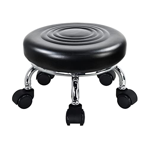 Roller Seat PU Leather Foot Stool Low Rolling Stool 360° Round Step Stool (Black)