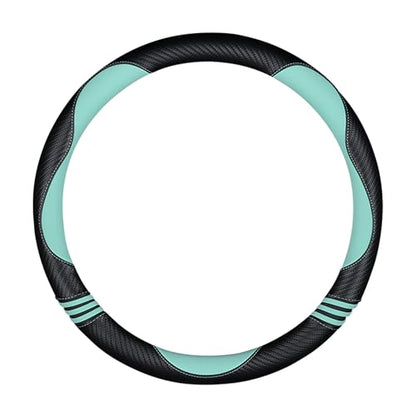 Car Steering Wheel Covers for Women Padded Carbon Fiber PU Leather Cute Auto Interior Accessories for Vehicle (Green+Black / Standard Size[14.75-15.15"](37.5-38.5cm))