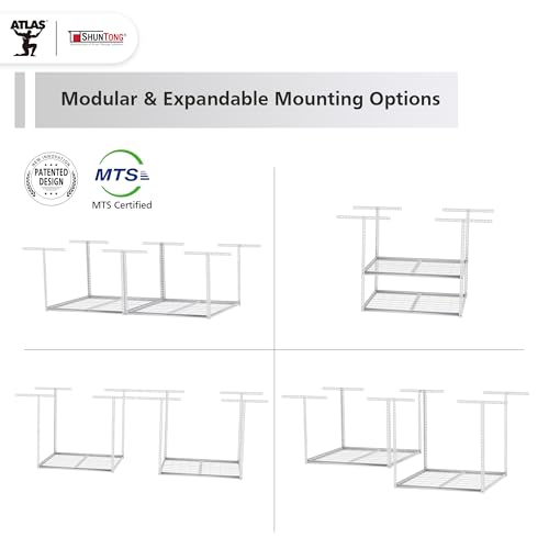 The Atlas 4 x 8 ft Adjustable Height Overhead Garage Storage Rack 900 lbs Heavy Duty Capacity White (900lbs - White)