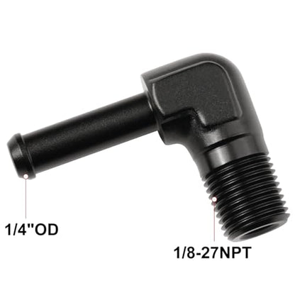1 8 NPT Male to 1 (1/8 NPT to 1/4 Barb / Black - 90 Degree)