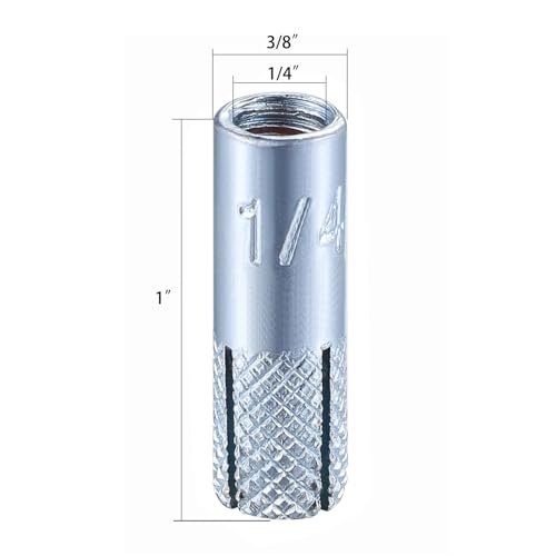100 pcs) 1/4"-20 Premium Zinc Plated Carbon Steel Drop in Anchors Assortment, Knurled Drop-in-Anchor for Solid Concrete, Internal Forced Expansion Screw Bolts (1/4"-20 / Zinc)