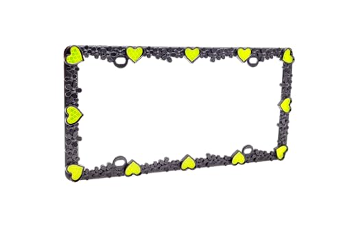 3D Daisy Heart License Plate Frame from Pure Zinc Alloy Metal Perfect Plate Holder (Matt Black with Yellow Reflective Heart)