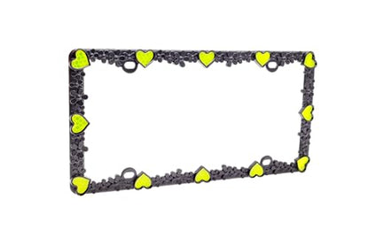 3D Daisy Heart License Plate Frame from Pure Zinc Alloy Metal Perfect Plate Holder (Matt Black with Yellow Reflective Heart)