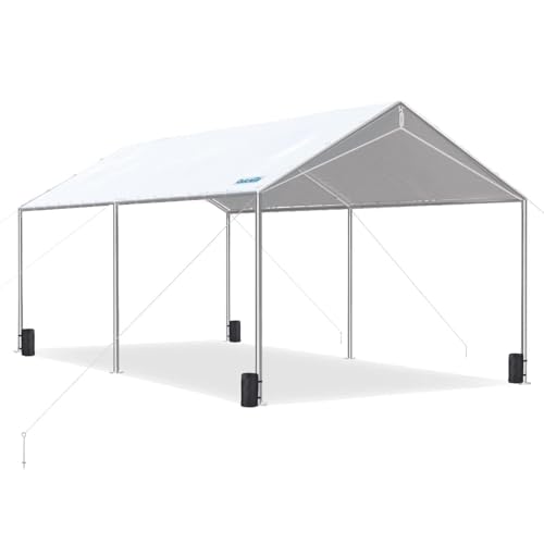 10x20 ft Heavy Duty Car Canopy Galvanized Frame Carport Outdoor Party Tent Boat Shelter with 3 Reinforced Steel Cables (White / 10'x20')