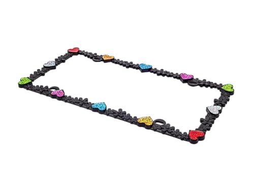 3D Shining Daisy Heart License Plate Frame from Pure Zinc Alloy Metal Perfect Plate Holder (Matt Black with Colorful Glitter, Luminously Heart)