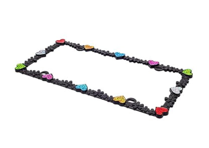 3D Shining Daisy Heart License Plate Frame from Pure Zinc Alloy Metal Perfect Plate Holder (Matt Black with Colorful Glitter, Luminously Heart)