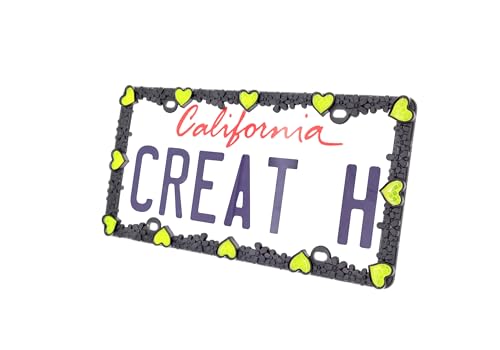 3D Daisy Heart License Plate Frame from Pure Zinc Alloy Metal Perfect Plate Holder (Matt Black with Yellow Reflective Heart)