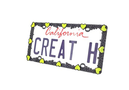 3D Daisy Heart License Plate Frame from Pure Zinc Alloy Metal Perfect Plate Holder (Matt Black with Yellow Reflective Heart)
