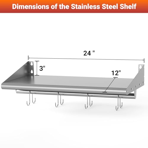 12" x 24" Stainless Steel Wall Mounted Shelf with 4 Hooks (12" x 24" / 1 Piece)