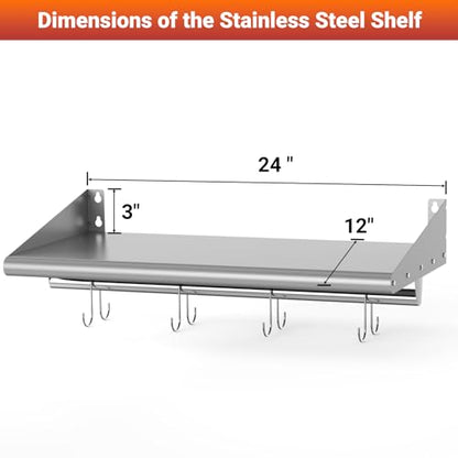 12" x 24" Stainless Steel Wall Mounted Shelf with 4 Hooks (12" x 24" / 1 Piece)