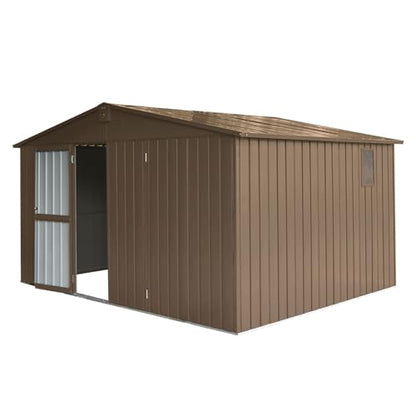 Large Galvanized Steel Storage Shed 11' x 9' with Windows & Lockable Door (Brown04 / 11×9)
