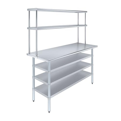 24" x 60" Stainless Steel Work Table with 3 Shelves and 12" Wide Double Tier Overshelf (24" x 60" Table with 3 Shelves + 12" Overshelf)