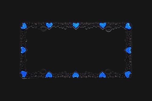 3D Daisy Heart License Plate Frame from Pure Zinc Alloy Metal Perfect Plate Holder (Matt Black with Blue Reflective Heart)