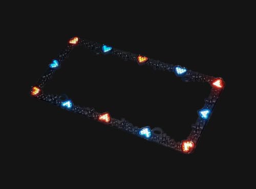 3D Daisy Heart License Plate Frame from Pure Zinc Alloy Metal Perfect Plate Holder (Matt Black with Blue and Red Reflective Heart)