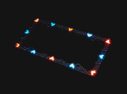 3D Daisy Heart License Plate Frame from Pure Zinc Alloy Metal Perfect Plate Holder (Matt Black with Blue and Red Reflective Heart)