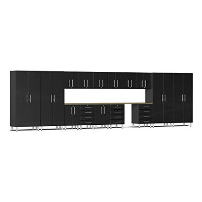 UG22172B 17 Piece Garage Cabinet Kit with Bamboo Worktop in Midnight Black Metallic