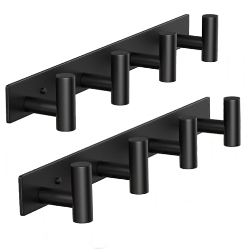 Coat Rack Wall Mounted ("T" Shape 4 Hooks - 2 Pack / Black)