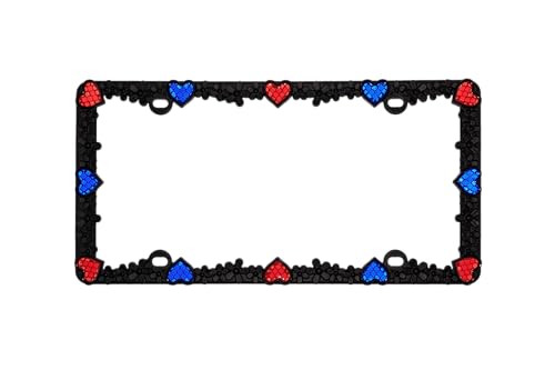 3D Daisy Heart License Plate Frame from Pure Zinc Alloy Metal Perfect Plate Holder (Matt Black with Blue and Red Reflective Heart)