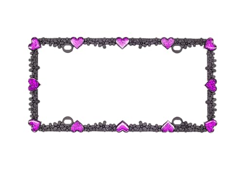 3D Shining Daisy Heart License Plate Frame from Pure Zinc Alloy Metal Perfect Plate Holder (Matt Black with Purple Glitter, Luminously Heart)