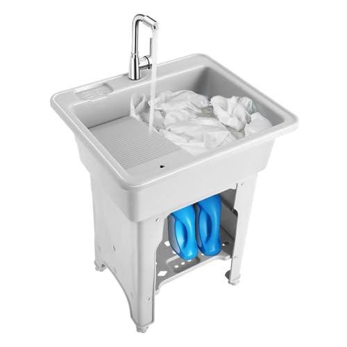 Freestanding Utility Sink Plastic Wash Station with Storage Shelf Indoor (F / Gray-25.6*21.65*31.5in)