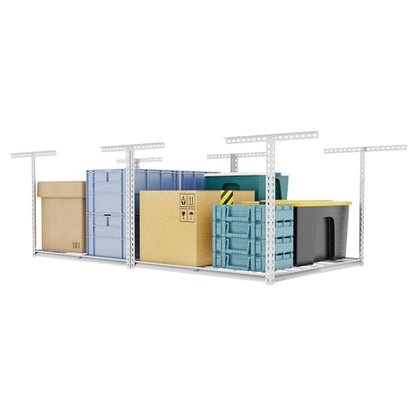 The Atlas 4 x 8 ft Adjustable Height Overhead Garage Storage Rack 900 lbs Heavy Duty Capacity White (900lbs - White)
