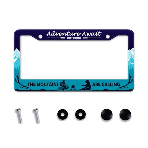 Adventure Await License Plate Frame Mountains Forest Bear License Plate Holder Metal Aluminum Rustproof Hiking Camping Car Tag Frame Auto Accessories Decoration for Women Men (Adventure -Blue)