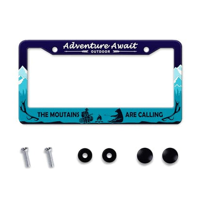 Adventure Await License Plate Frame Mountains Forest Bear License Plate Holder Metal Aluminum Rustproof Hiking Camping Car Tag Frame Auto Accessories Decoration for Women Men (Adventure -Blue)