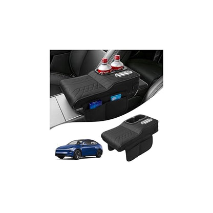 4-in-1 Center Console Cover for Tesla Model Y/Model 3 2020-2026 Accessories Armrest Cushion with Multi-Purpose Storage Leather Middle Console Cover for Model Y Juniper/Model 3 Highland (12)20-26|Model Y&3|Black,+Thick,+ Pockets)