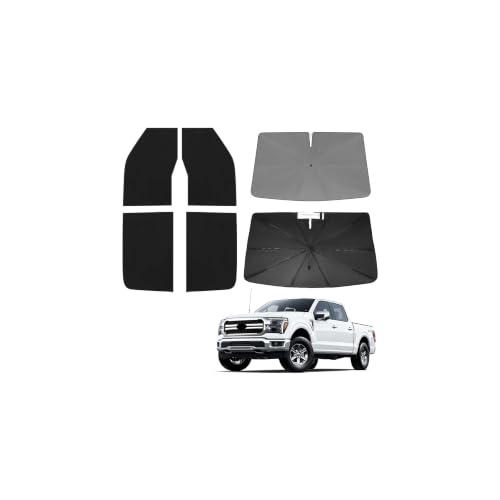 Windshield Sun Shade Umbrella for Ford F150 Hybrid 2021 2022 2023 2024 2025 2026 Rear Window Shades 100% UV Protection and Blackout Privacy 5PCS Car Window Covers Accessories (5-Piece Set | Fits Ford F150 2021-2026)