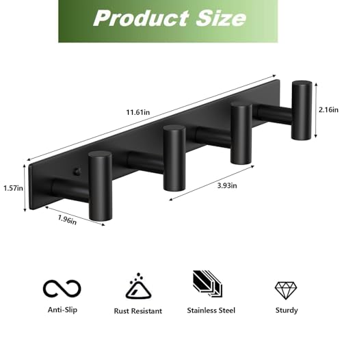 Coat Rack Wall Mounted ("T" Shape 4 Hooks - 2 Pack / Black)