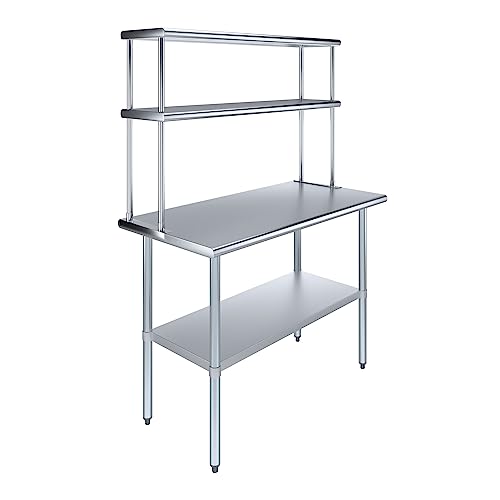Stainless Steel Work Table Wide Double Tier Overshelf (24" x 48" Work Table + 12" Overshelf)
