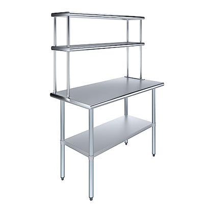 Stainless Steel Work Table Wide Double Tier Overshelf (24" x 48" Work Table + 12" Overshelf)