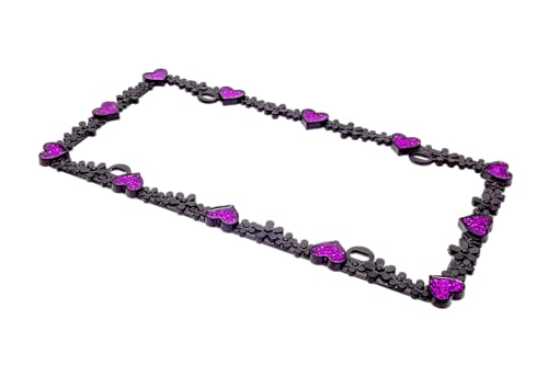 3D Shining Daisy Heart License Plate Frame from Pure Zinc Alloy Metal Perfect Plate Holder (Matt Black with Purple Glitter, Luminously Heart)
