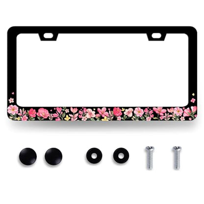 Pink Floral License Plate Frame Colorful Flower License Holder with 2 Holes (Pink Floral Flowers)