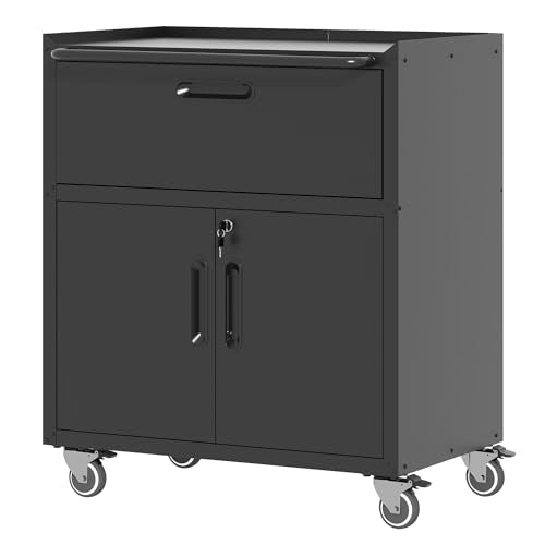 Metal Storage Cabinet for Garage (Black / M - 1 Drawer & 2 Doors (Wheeled))