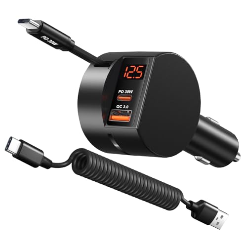 78W 3 Port Car Charger with Retractable USB (Black - 1Pack)