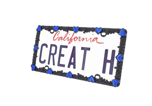 3D Daisy Heart License Plate Frame from Pure Zinc Alloy Metal Perfect Plate Holder (Matt Black with Blue Reflective Heart)