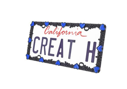 3D Daisy Heart License Plate Frame from Pure Zinc Alloy Metal Perfect Plate Holder (Matt Black with Blue Reflective Heart)