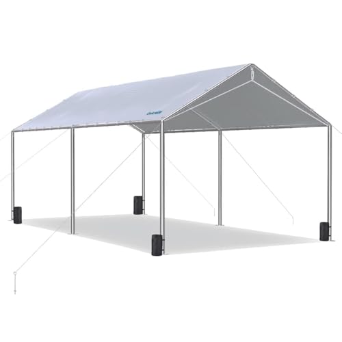 10x20 ft Heavy Duty Car Canopy Galvanized Frame Carport Outdoor Party Tent Boat Shelter with 3 Reinforced Steel Cables (Gainsboro / 10'x20')