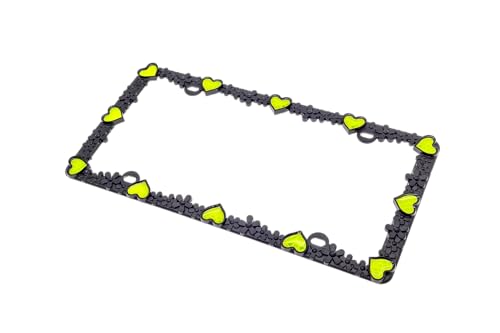 3D Daisy Heart License Plate Frame from Pure Zinc Alloy Metal Perfect Plate Holder (Matt Black with Yellow Reflective Heart)