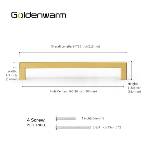 10 Pack 8 Inch Gold Cabinet Handles Brushed Brass Drawer Pulls (Gold / 8 Inch Hole Centers)