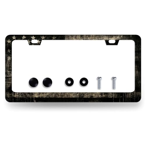 Stainless Steel American Flag Camo License Plate Frame 12.2 x 6.2 Inch (Retro American Flag Print)