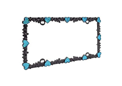 3D Shining Daisy Heart License Plate Frame from Pure Zinc Alloy Metal Perfect Plate Holder (Matt Black with Blue Glitter, Luminously Heart)