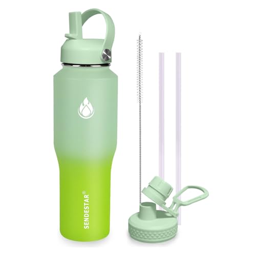 32oz Water Bottle Wide Mouth Stainless Steel Vacuum Insulated Double Wall with 2 Straw Lids Fit in Any Car Cup Holder (Neon / 32 Ounces)