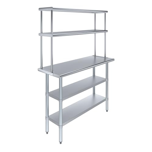 Stainless Steel Work Table with 2 Shelves (18" x 48" Table With 2 Shelves + 12" Overshelf)