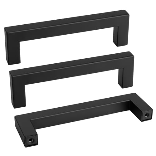 1 Pack Black Square Bar Cabinet Pull Drawer Handle Stainless Steel Modern Hardware for Kitchen and Bathroom Cabinets Cupboard (Matte Black / 4 Inch Hole Centers)